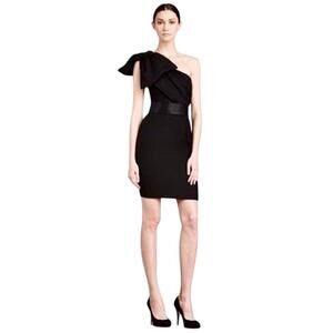 Marchesa Notte Dress One Shoulder Mini Bow Beaded Belted Cocktail LBD Black 4